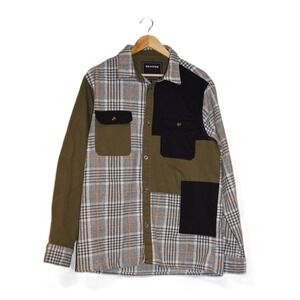 REASON‎ Patchwork Plaid Thick Flannel Shirt Jacket Olive Black Mens XL